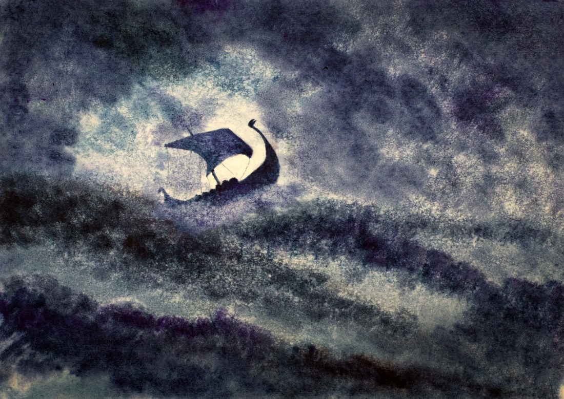 Viking ship in a storm